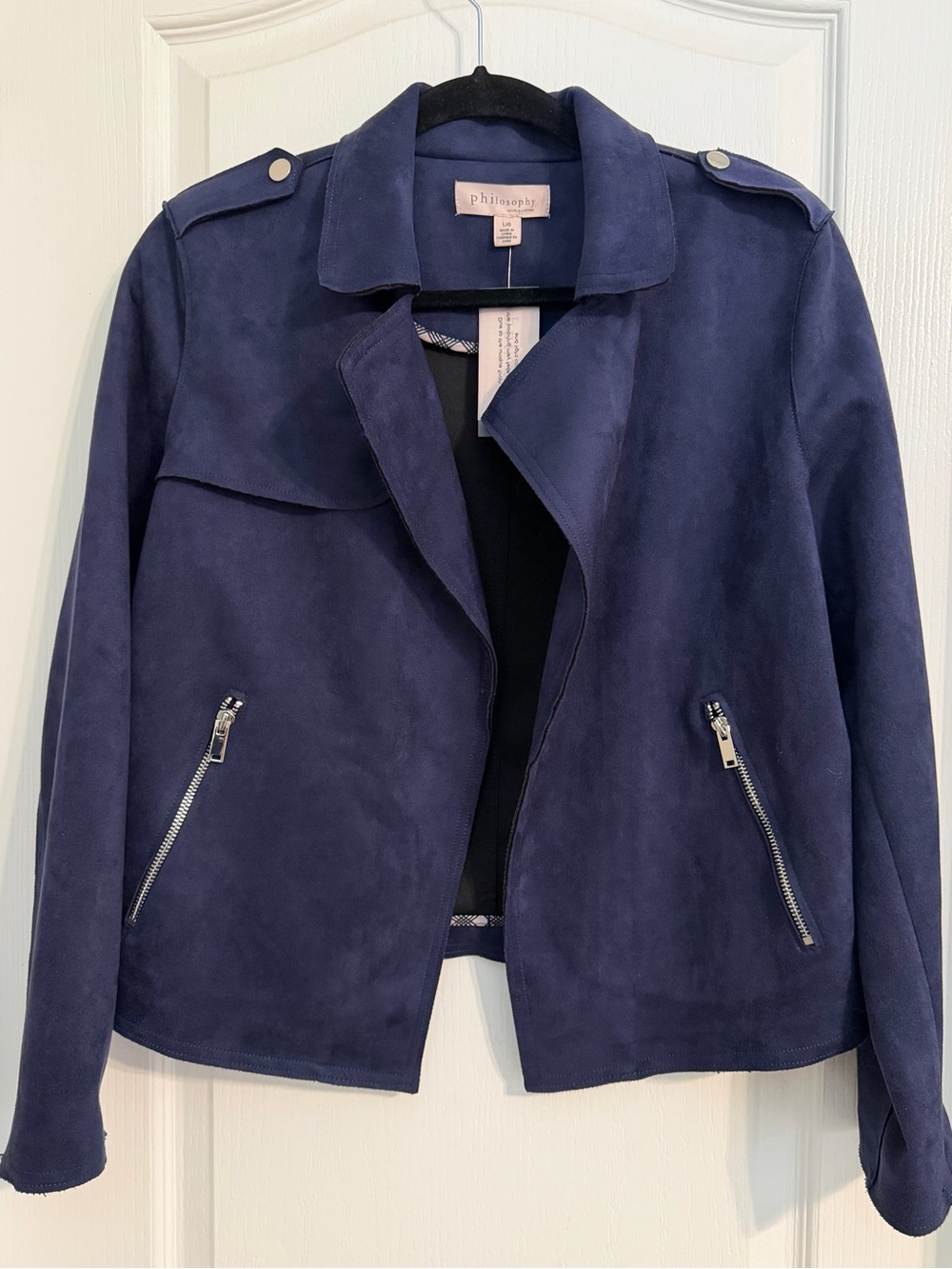 Philosophy Navy Faux Suede Moto Jacket Biker Chic Edgy Minimalist Size L